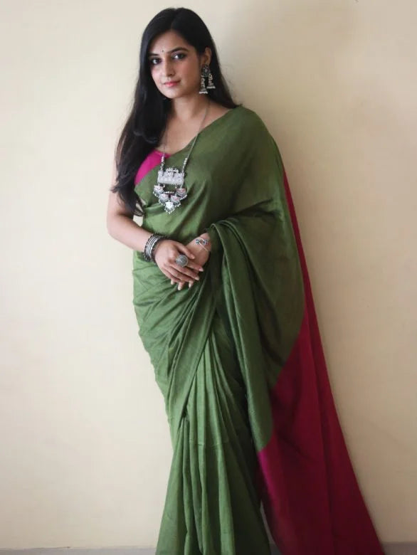 EMERALD GREEN AND PINK COTTON SAREE