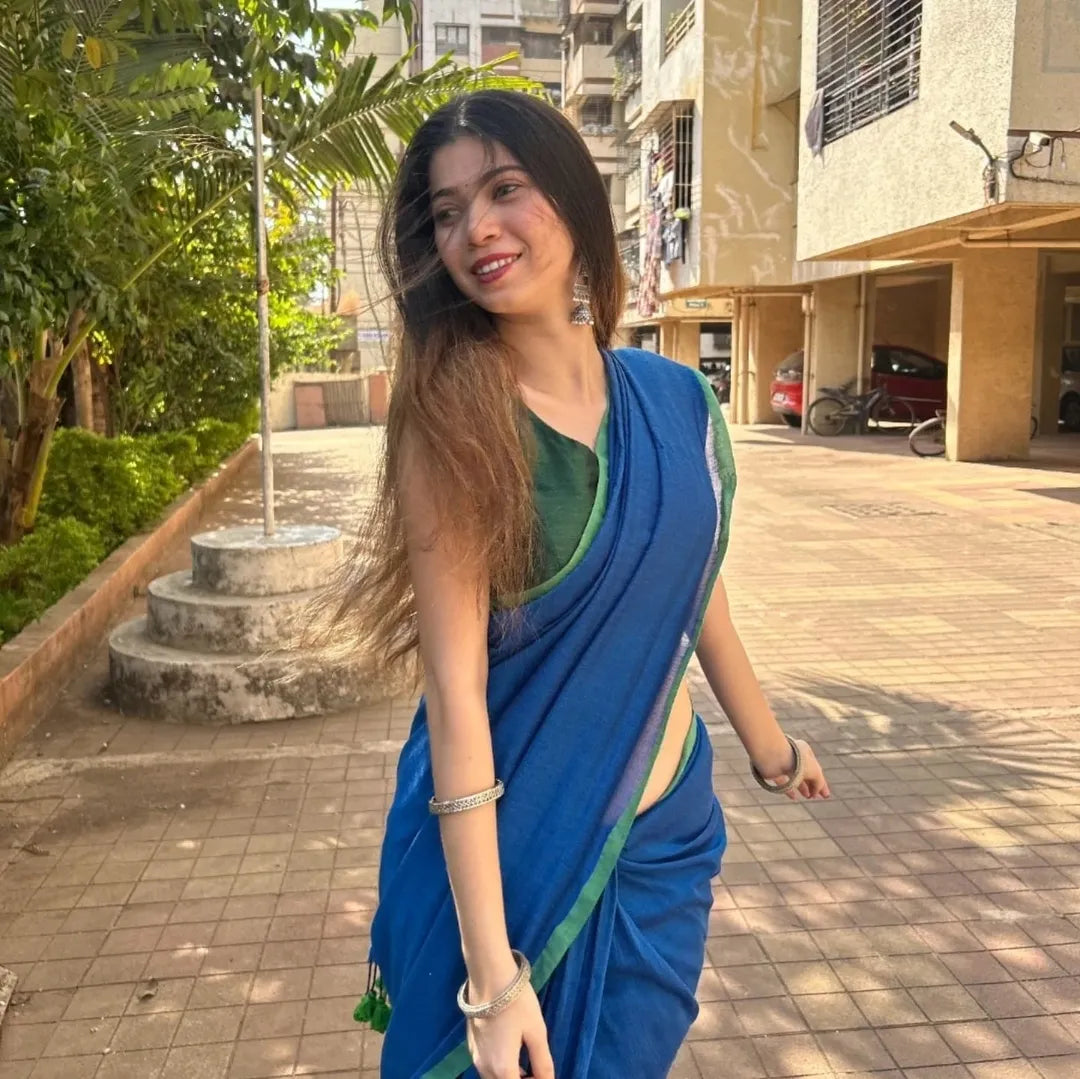 MENAKA BLUE COTTON HANDLOOM SAREE