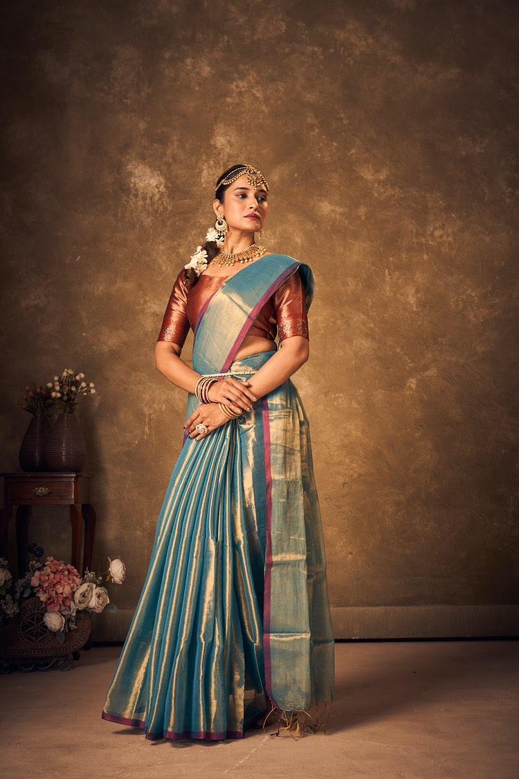 SKY BLUE HANDLOOM TISSUE SAREE