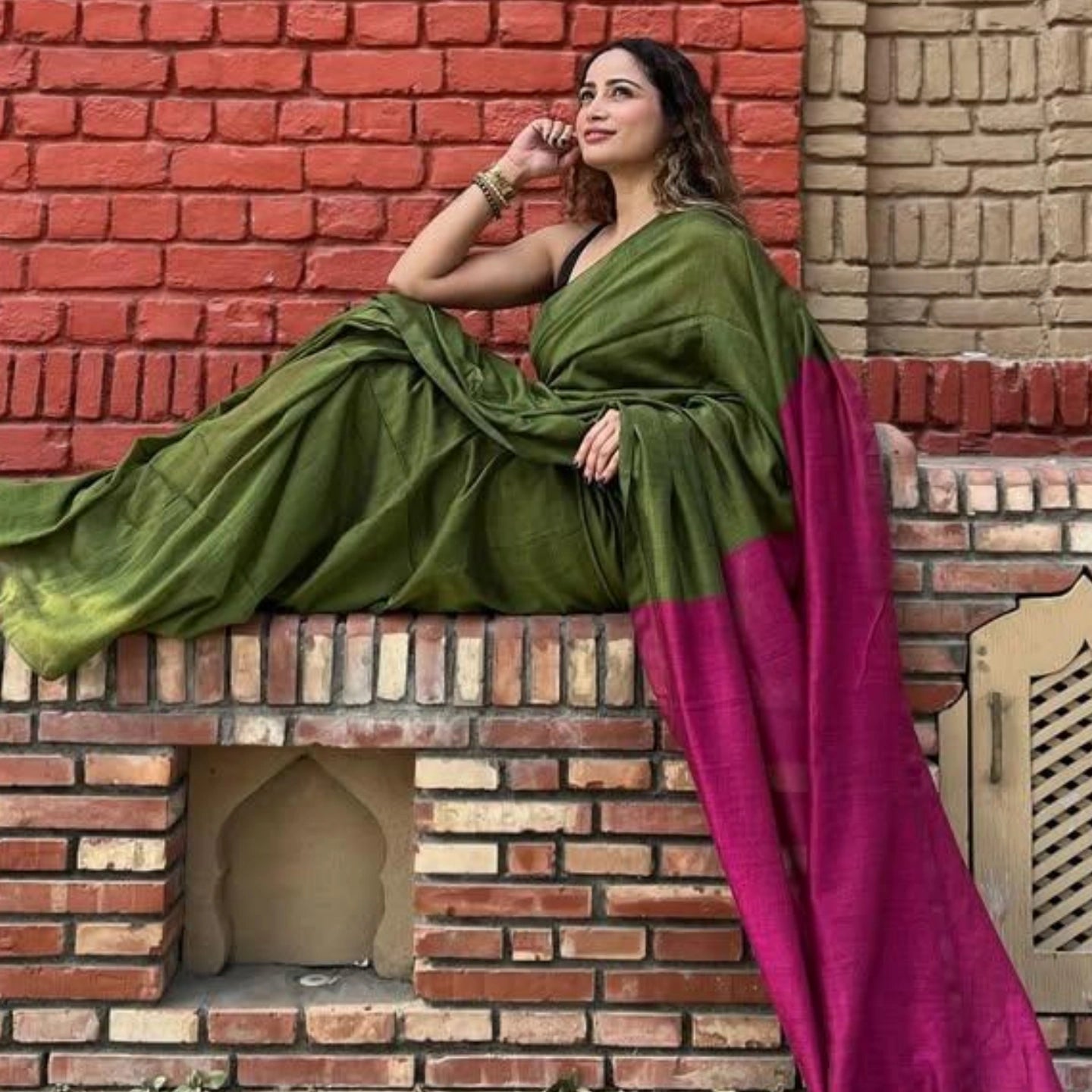 EMERALD GREEN & PINK COTTON HANDLOOM SAREE