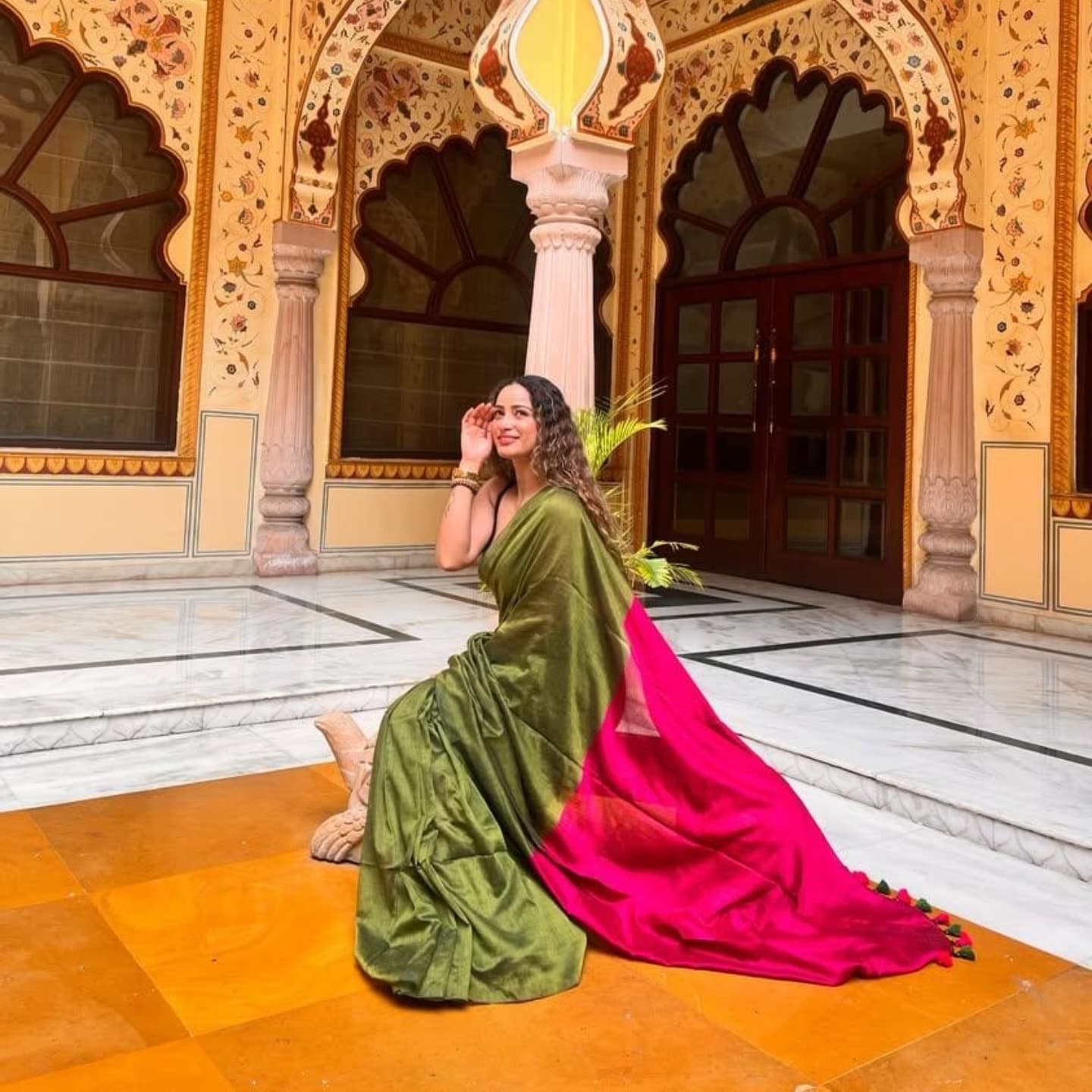 EMERALD GREEN & PINK COTTON HANDLOOM SAREE