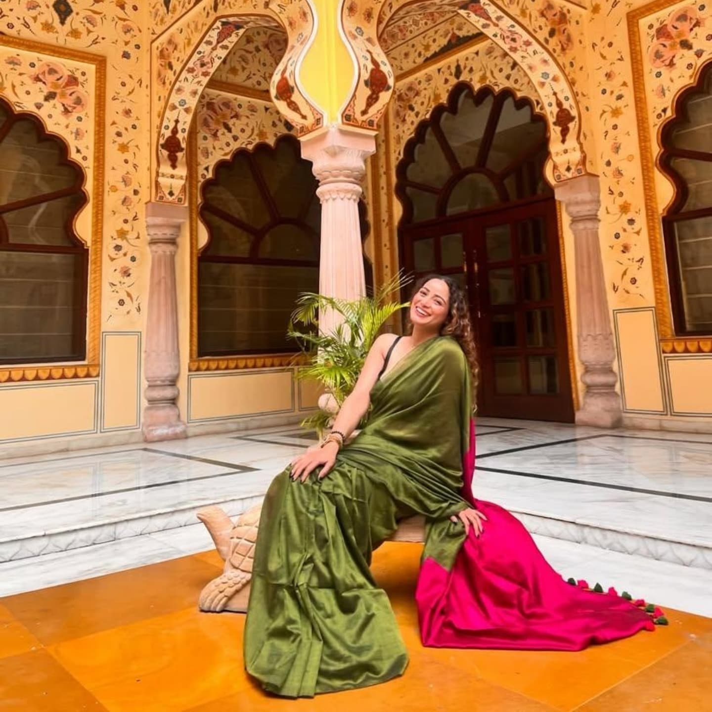 EMERALD GREEN & PINK COTTON HANDLOOM SAREE