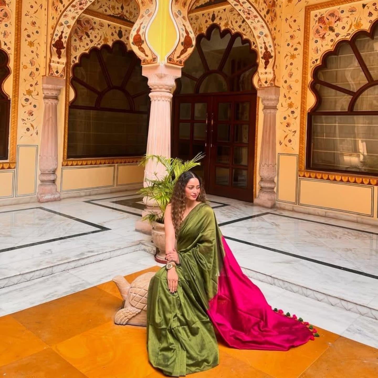 EMERALD GREEN & PINK COTTON HANDLOOM SAREE