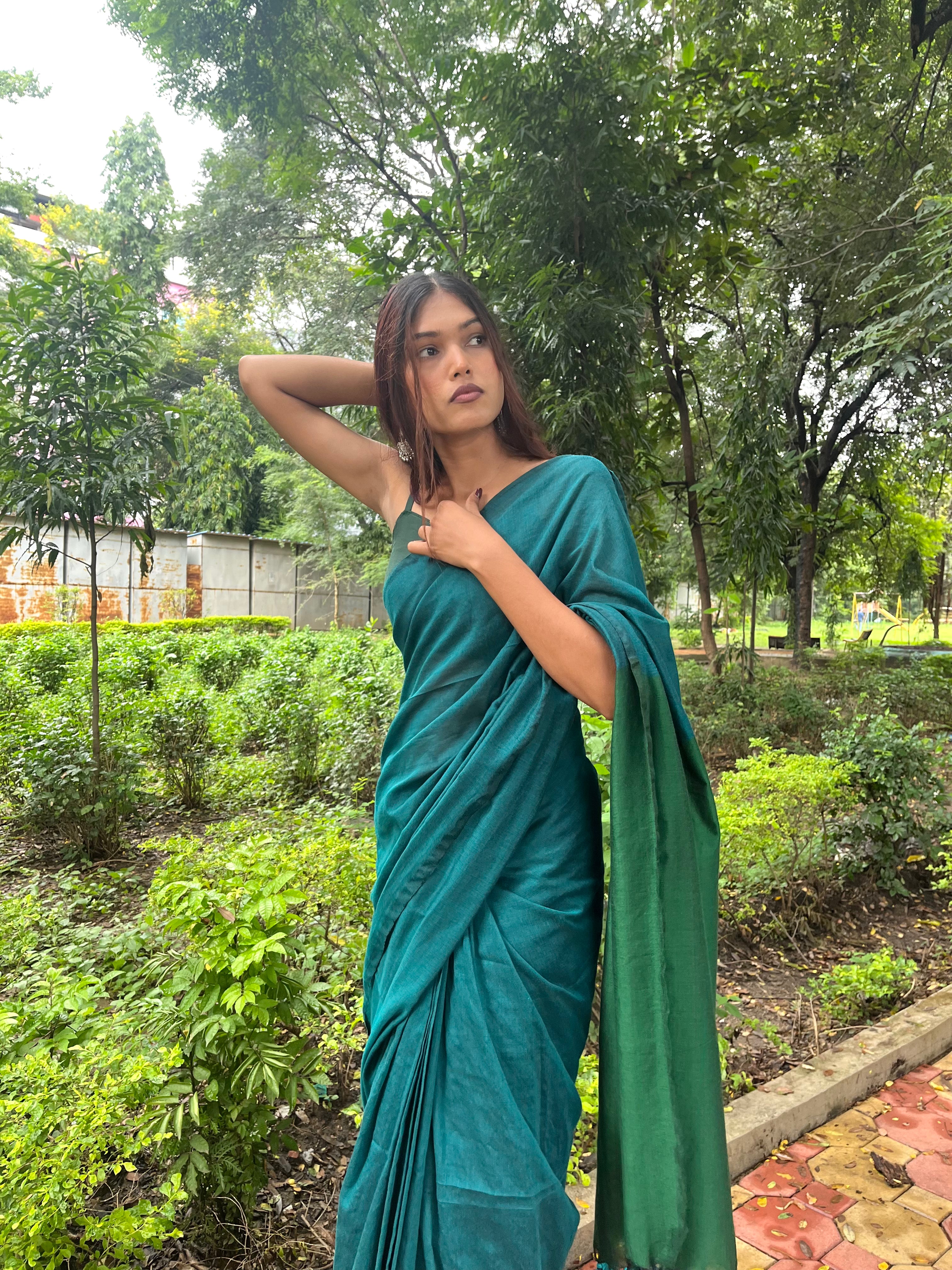 NEELAMBARI BLUE AND GREEN COTTON SAREE