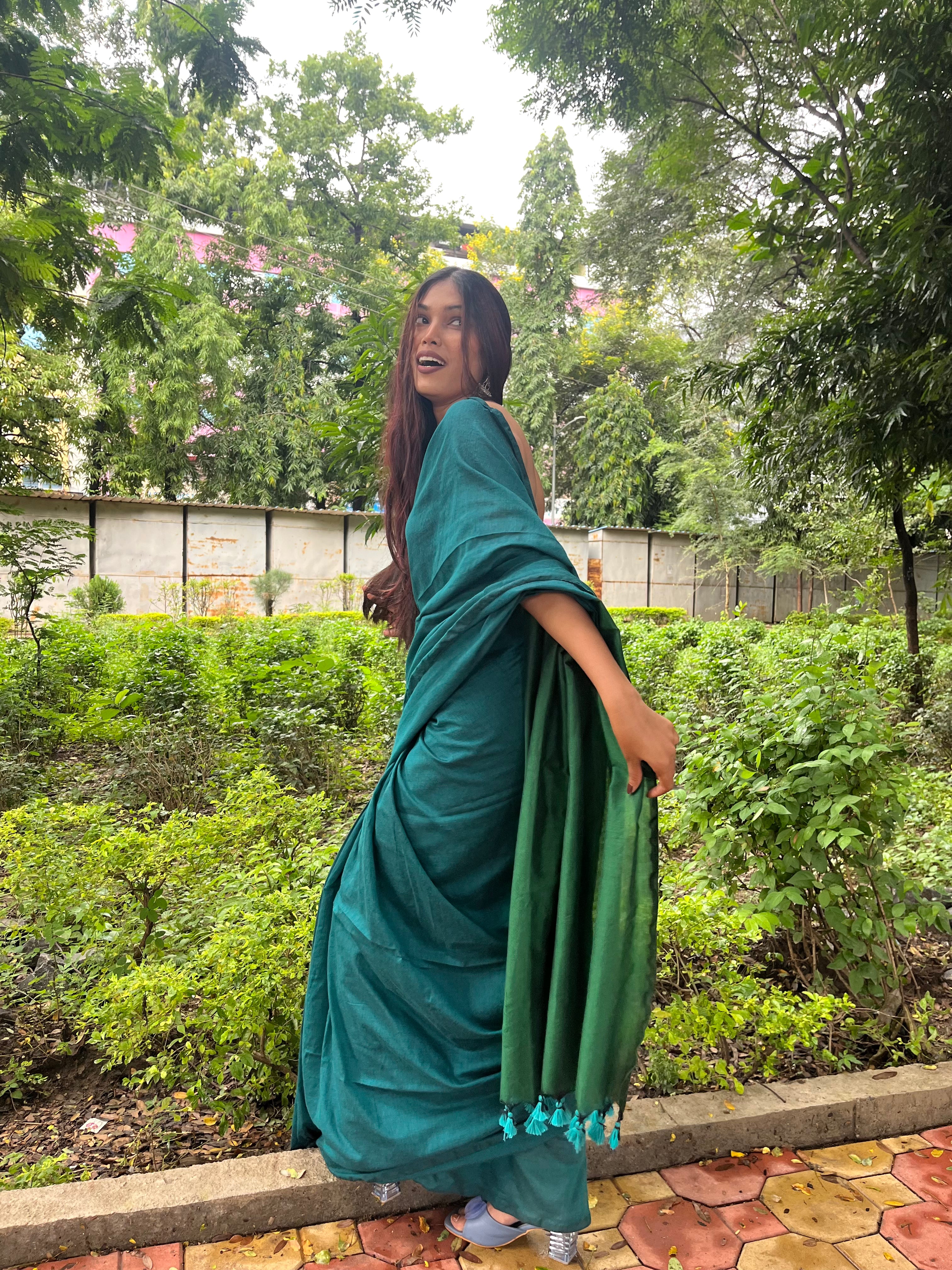 NEELAMBARI BLUE AND GREEN COTTON SAREE