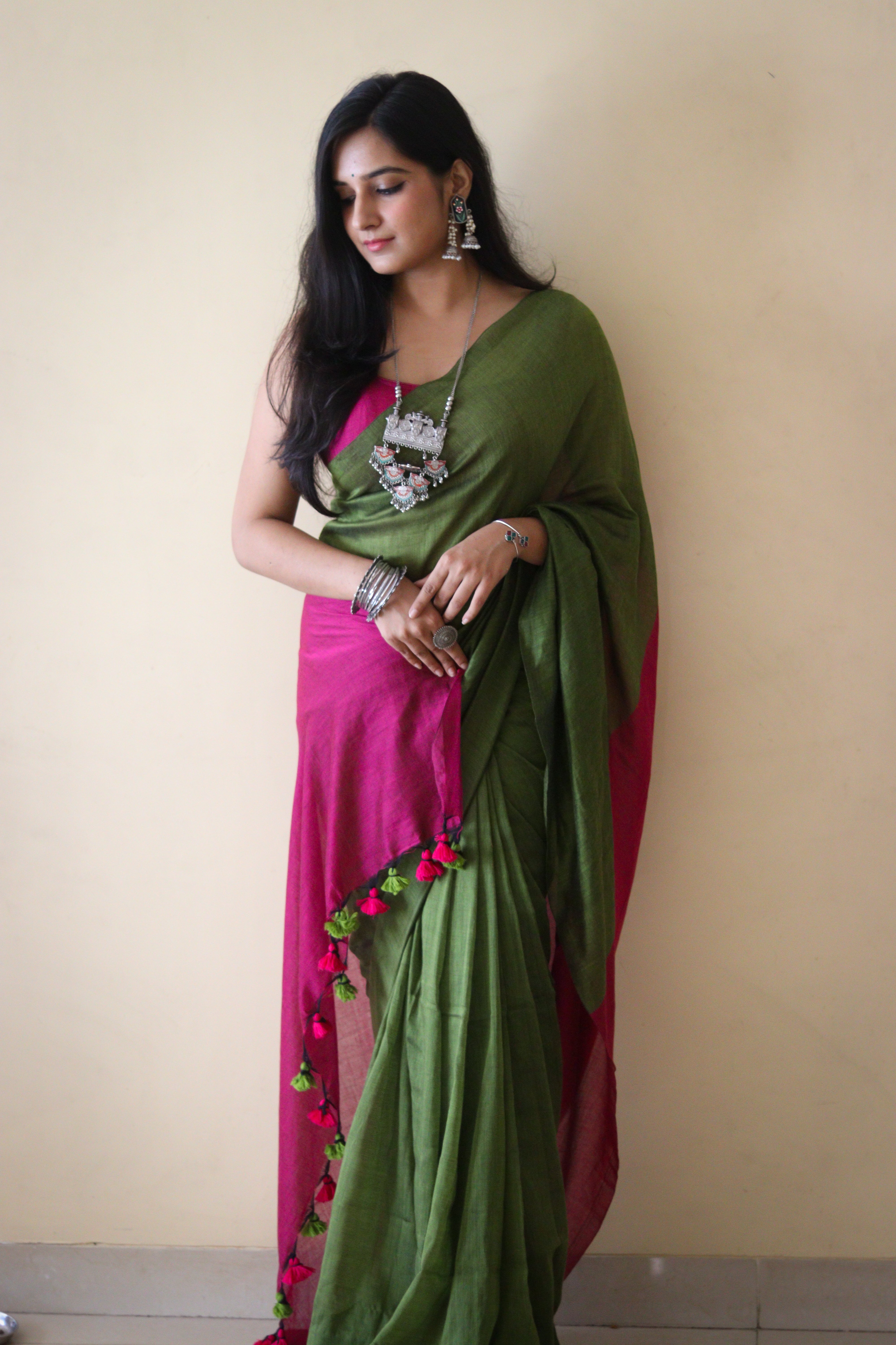 EMERALD GREEN AND PINK COTTON SAREE