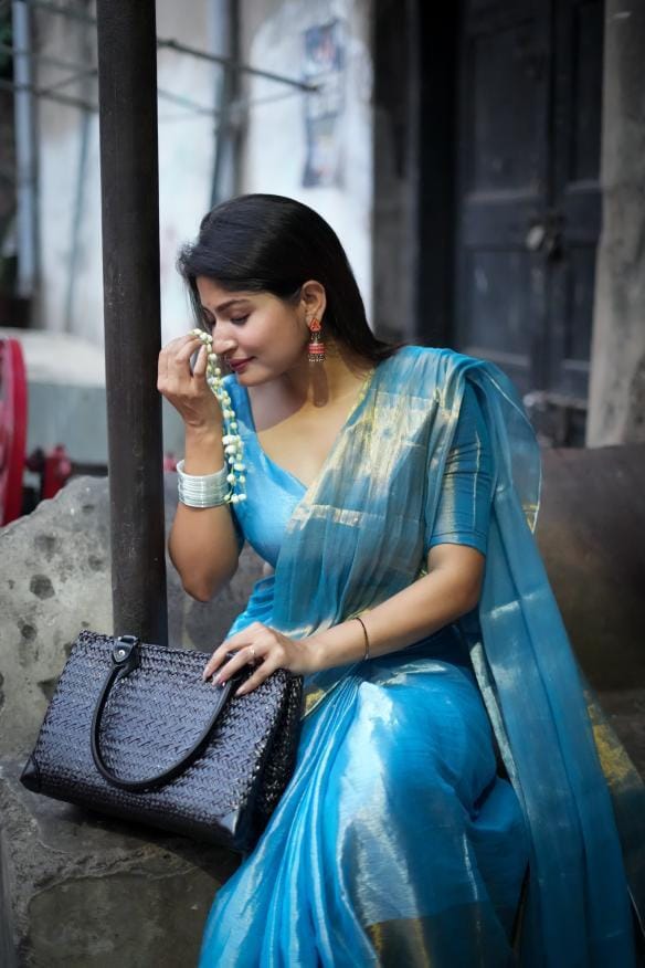 SWARNA NEEL – BLUE GOLD HANDLOOM TISSUE SAREE