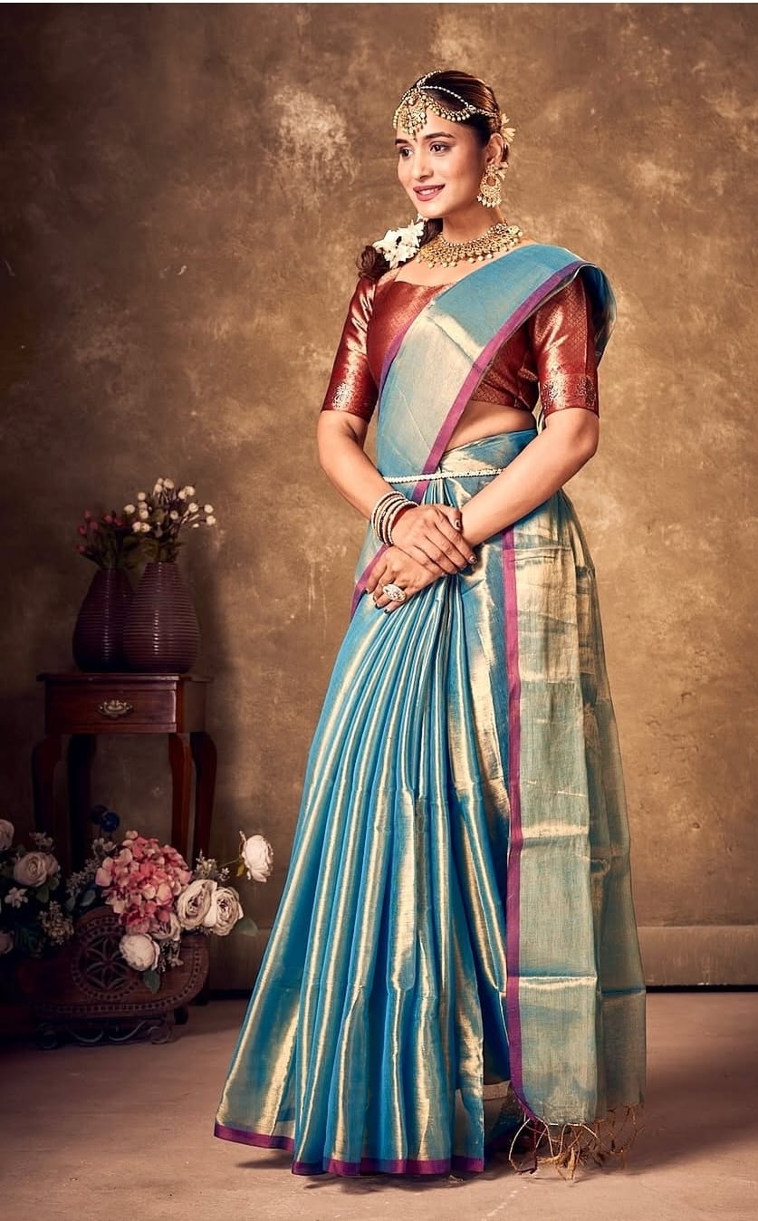 SKY BLUE HANDLOOM TISSUE SAREE